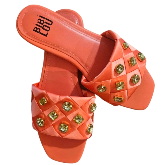 BIBI LOU x Anthropologie satin woven embellished Square toe Orange Sandals - Picture 6 of 16